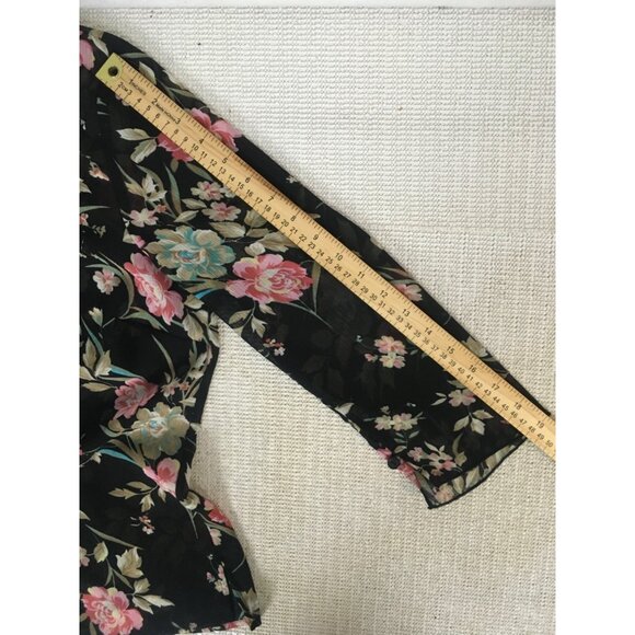Notation Top Women Size L Black w Pink Blue Flowers Button Down Sheer Blouse - Picture 8 of 11